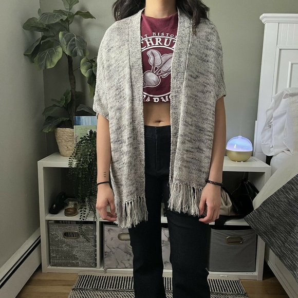 Joie Sona Open Front Cardigan Heather Gray Fringe Hem Poncho XXS Linen blend - Picture 2 of 8